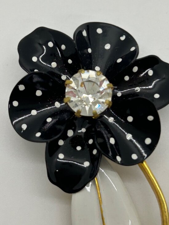 Vintage Avon Spectator Brooch Black & White Enamel Polka Dot Flower Rhinestone - Picture 3 of 12